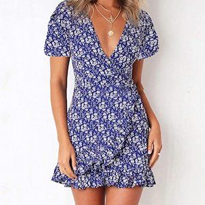 Relipop Summer Women Short Sleeve Print Dress V Neck Casual Short Dresses